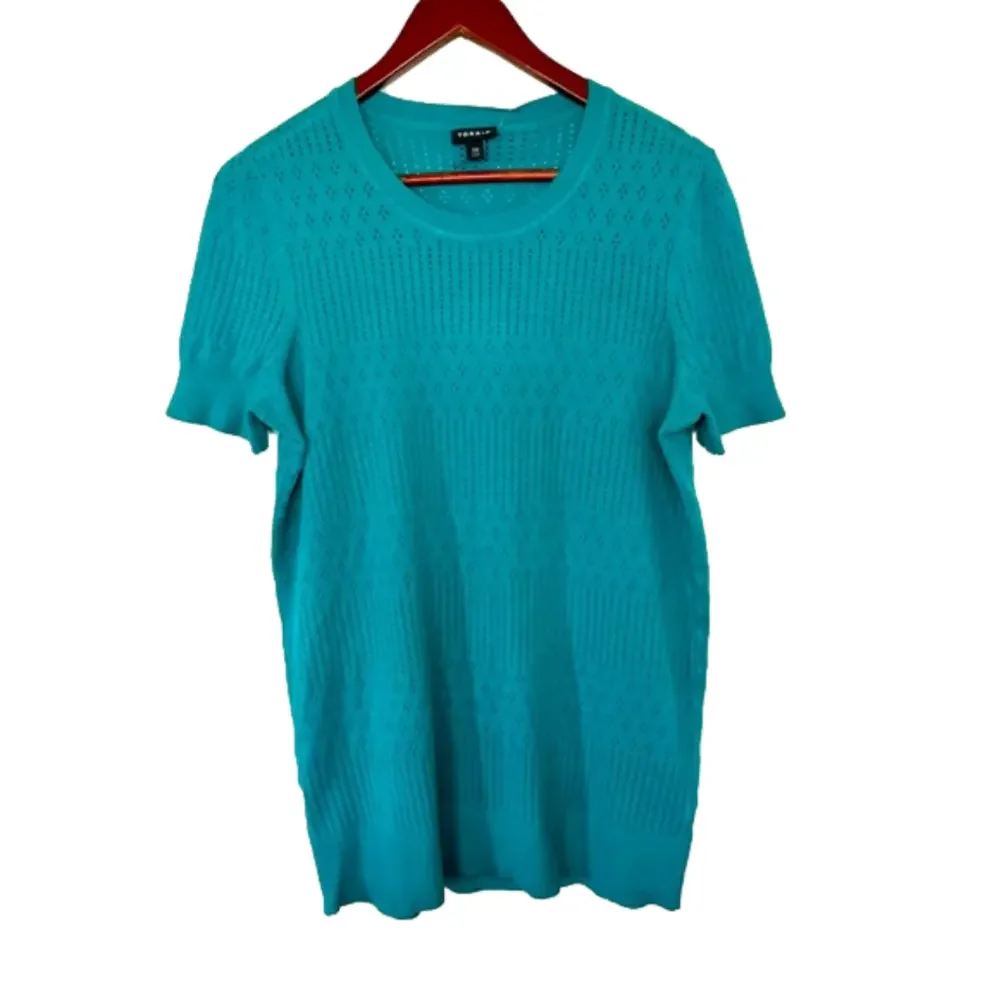 Torrid Pointelle NWT 00 M/L 10 Pullover Short‎ Sleeve Sweater Fanfare Blue Teal - Picture 2 of 10